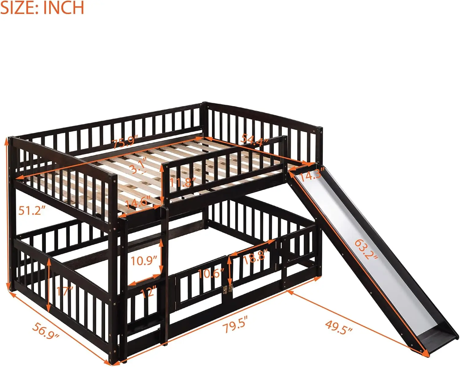 Bunk Bed Full Over Full With Slide And Stairs, Bunk Bed For Kids, Girls, Boys, Floor Bunk Bed With Fence And Door, Espresso