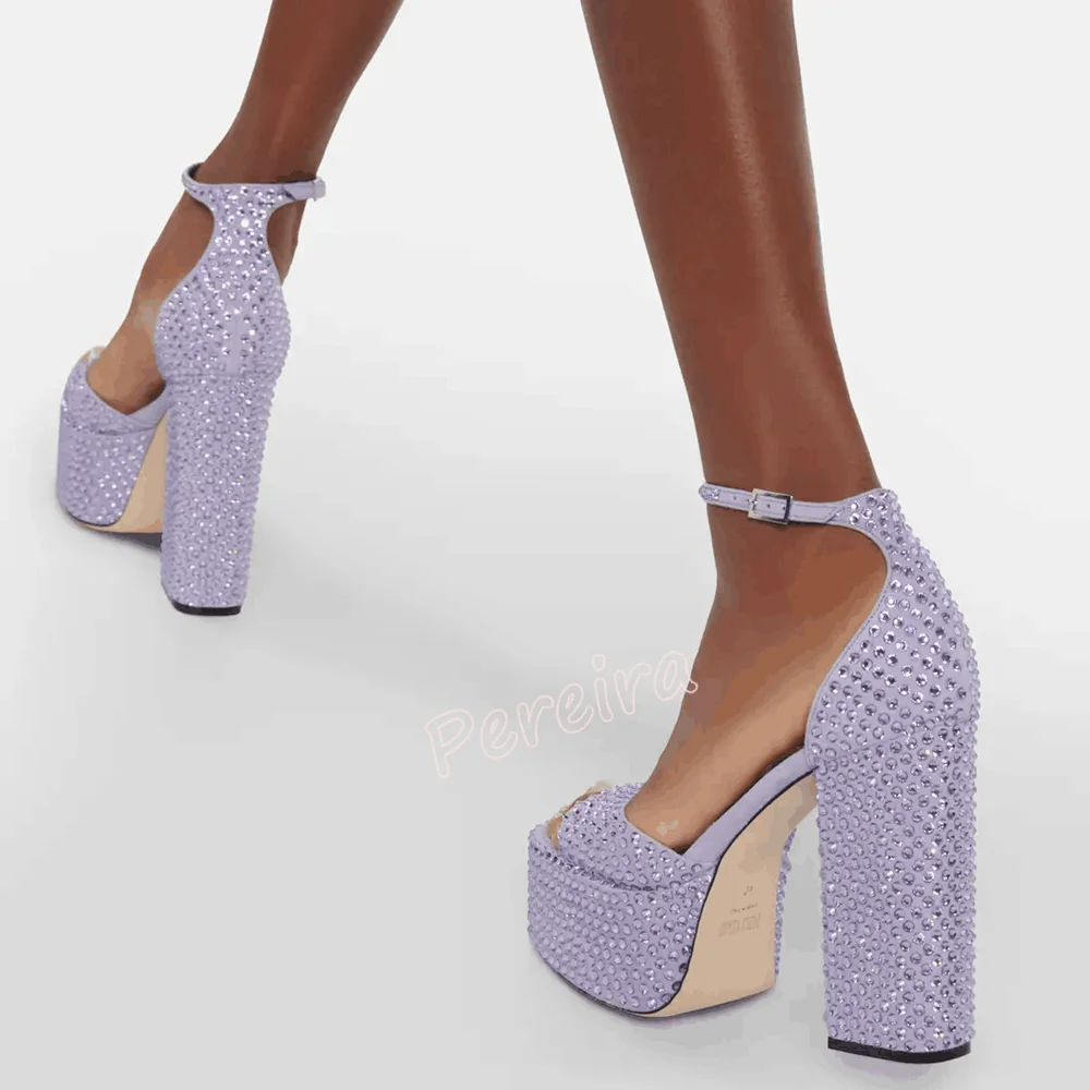 

Embellished Leather Platform Sandals Women's New Arrival Summer Round Toe Ankle Strap Buckle Rhinestone Solid Fashion Shoes