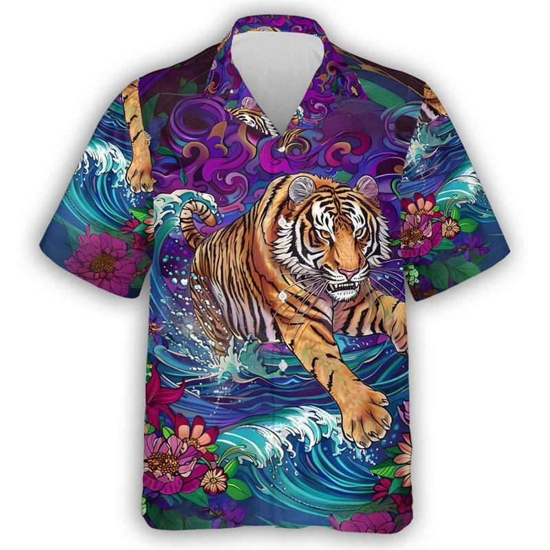 Camisa hawaiana con estampado de tigre en 3D para hombre, camisa informal de manga corta con patrón de bestia feroz, Tops de calle, blusa Unisex