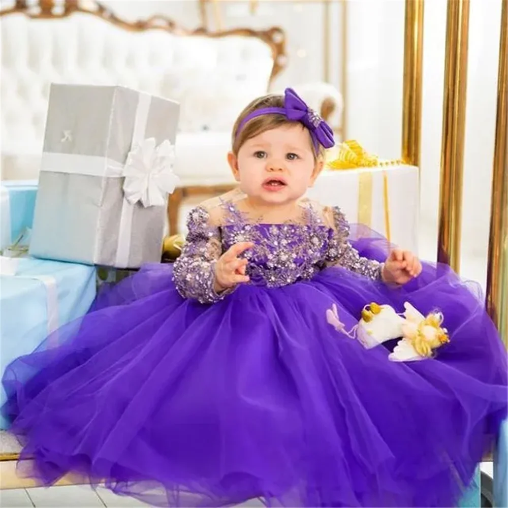 Vestido de niña de flores con cuentas de encaje, vestido de baile con cuello transparente y mangas largas, regalo de cumpleaños para niños, vestidos de boda para desfile