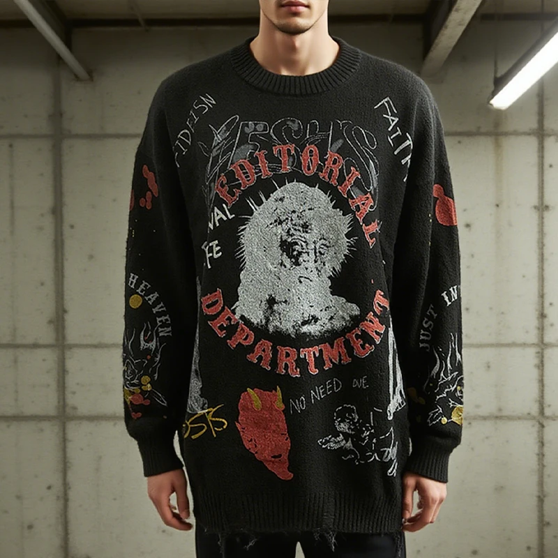 

Winter Fashion Streetwear Unisex Black Sweater Gothic Religious Print Trendy Punk Style Loose Long - Sleeve Knitted Pullover