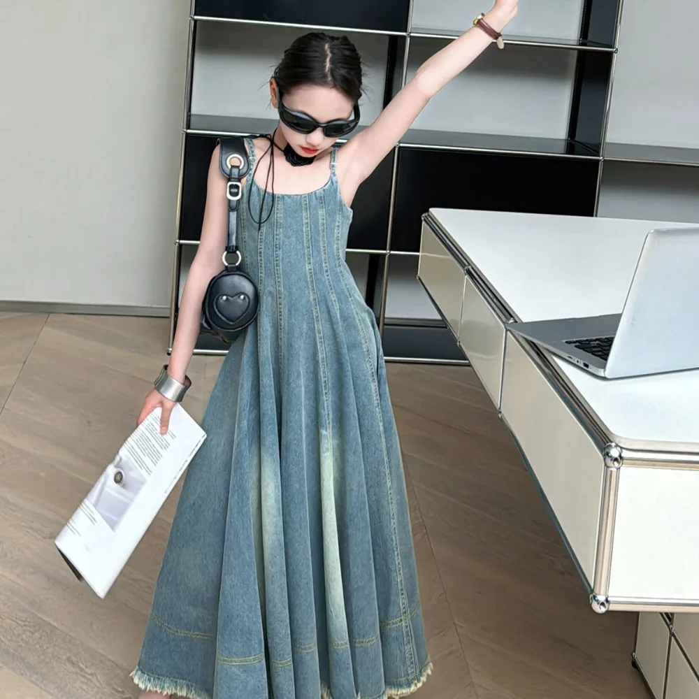 Girls Dress French Style 2024 Summer New Solid Color Denim Sundress Vintage Simple Design Delicate Summer Children Dress