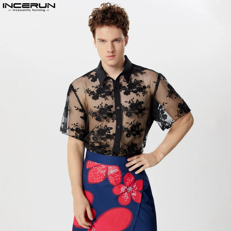 Incerun-Men's Lace Patchwork lapela manga curta camisa transparente, roupas de verão, moda sexy, streetwear, S para 5XL, 2024