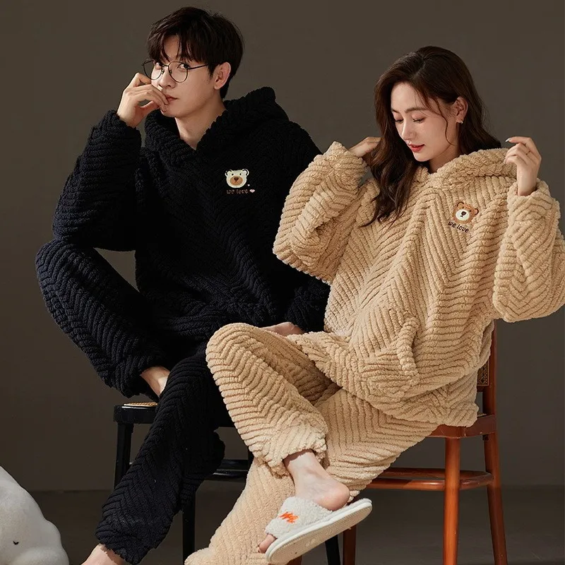 2024 Winter Couples Pajama Sets Women Men Pyjamas Hoodies Sleepwear Soft Warm Plaid Cartoon Lovely Pijamas Suit Homewear Clothes