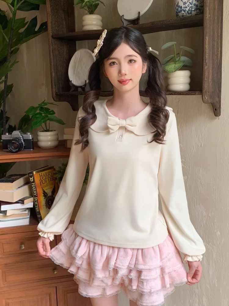 

Sweet Peter Pan Collar Lolita Bottoming Tops Mujer Autumn Winter Slim Fit Knitted Pullover 2025 New Long Sleeve Sweaters Mujer