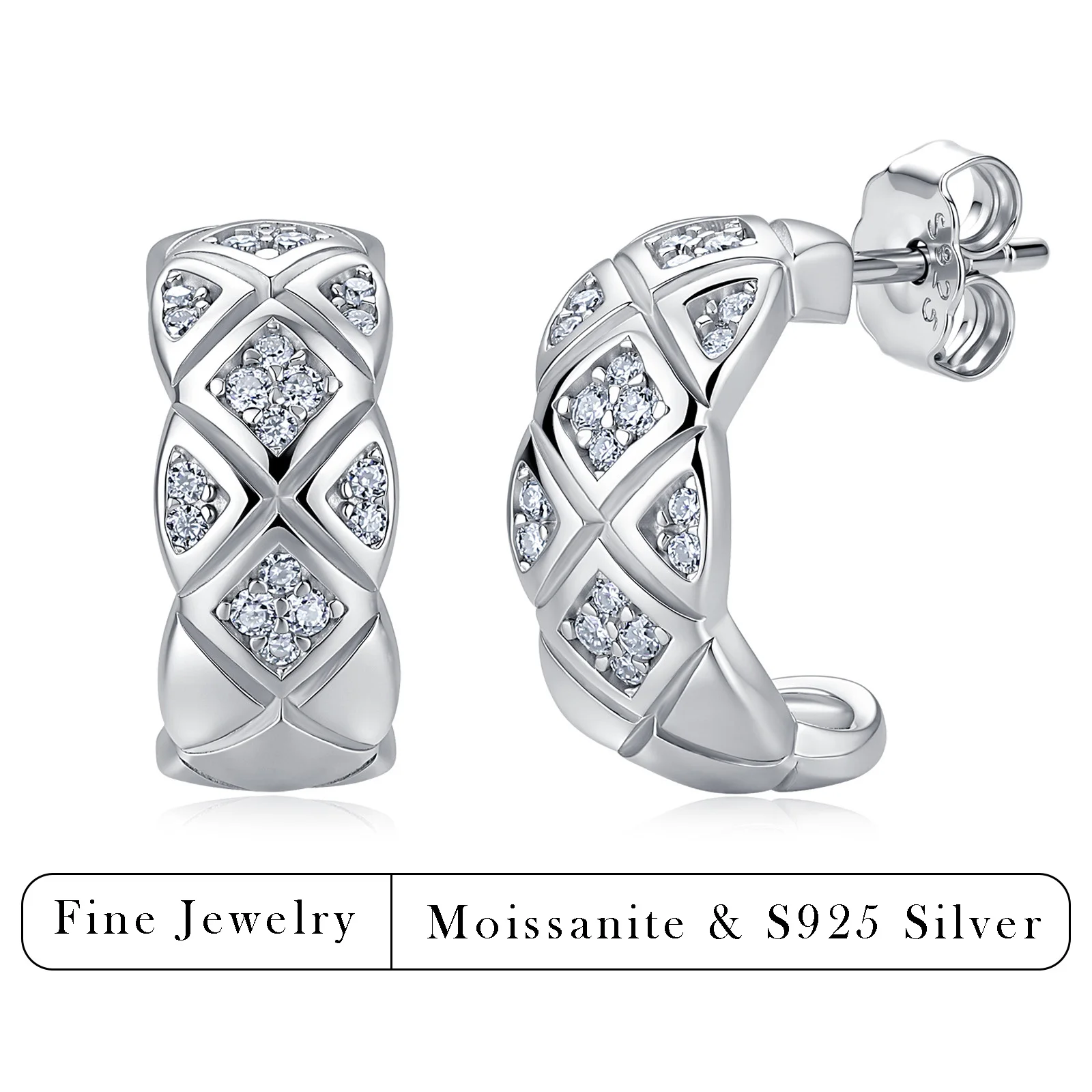 

0.24CTW GRA Moissanite Hoop Earrings 925 Silver Rhombus Sparkling Paved Diamond Fine Jewelry for Women Daily Wear