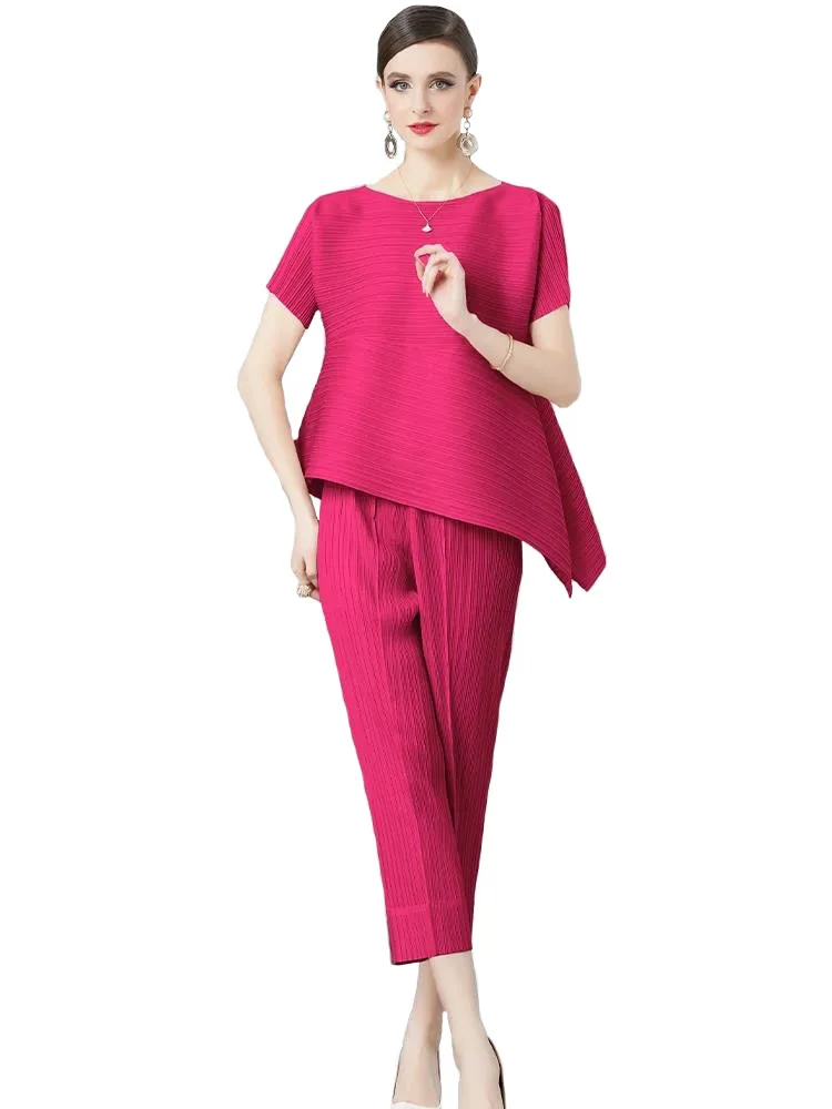 

Women Fashion Solid Irregular Blouse Top And Elastic Pencil Pant Suit Miyake Pleated Summer Two Piece Set Chiffon Draped Outfits