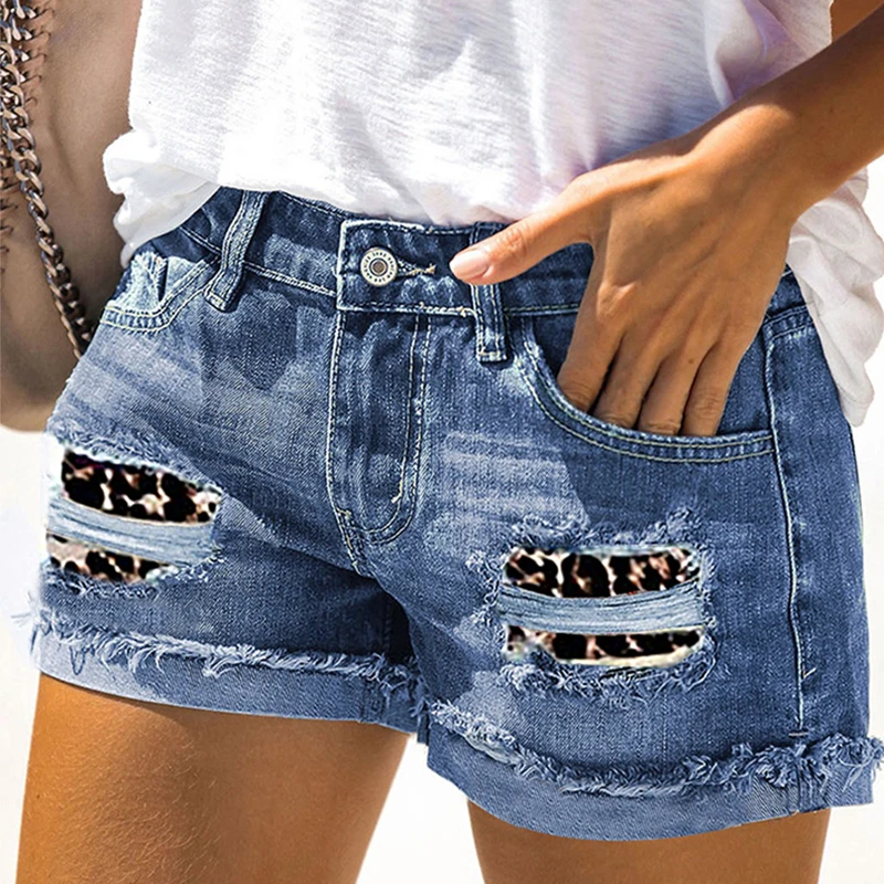 ファッションヒョウリッピング女性ジーンズショーツ夏スタイリッシュなロールアップ裾デニムホットパンツストリート生エッジ女性スーパーショートパンツ