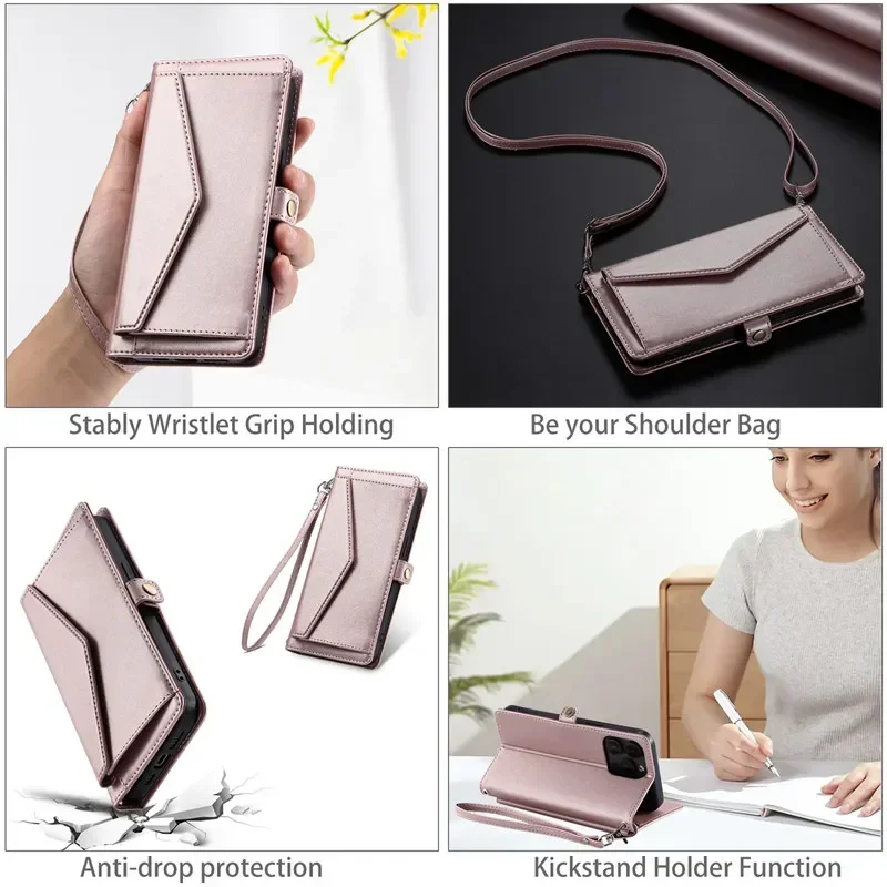 Flip Leather Phone Case for Samsung Galaxy S24 Ultra S23 FE S22 S21 S20 S10 Plus Note 20 10 9 8 Long Lanyard Wallet Card Cover