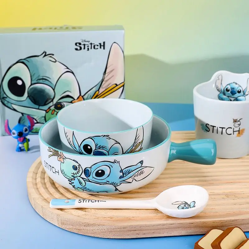 Disney Stitch ceramic tableware set cute anime mug bowl spoon chopsticks water cup personality gift box birthday gift kawaii