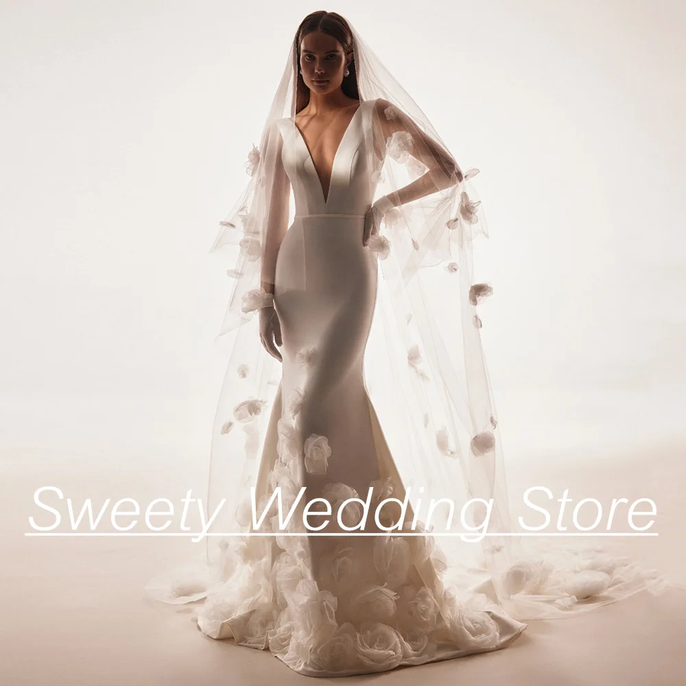 Sexy Arabian Wedding Dress Mermaid Bridal Gown Customized V Neck Sleeveless Sweep Train Flowers Bride Dresses Vestido Noiva