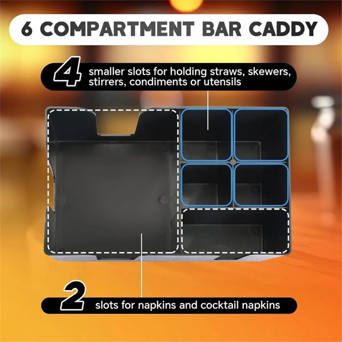 Bar Caddys with 6 Compartments Heavy Duty Refillable Bar Organizer Holds Bar Supplies, Napkins, Toothpicks, Straws