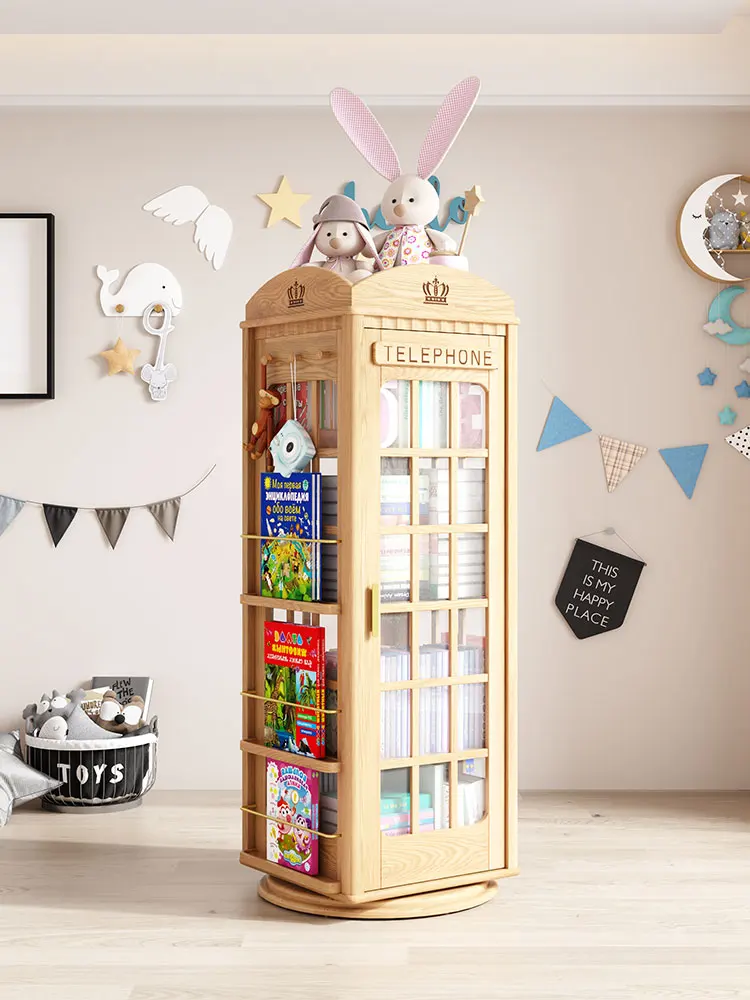 Solid Wood Rotating Bookcase with Door Storage Cabinet