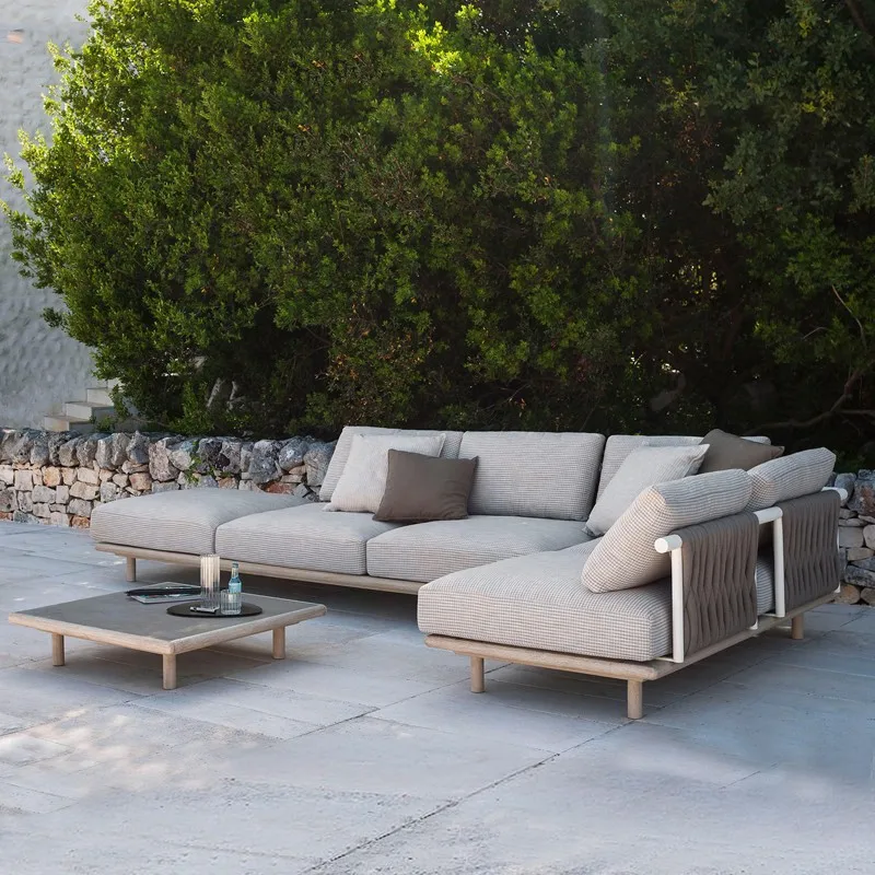 Nordic outdoor sofa rope solid wood courtyard terrace garden villa outdoor Nordic design corner rattan chair combination