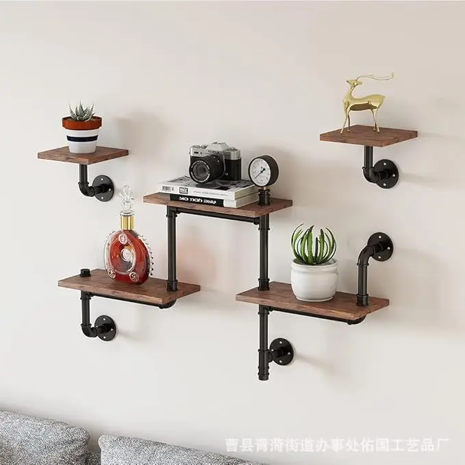American water pipe wrought iron solid wood wall shelves can be freely combined with one-line partition storage fr