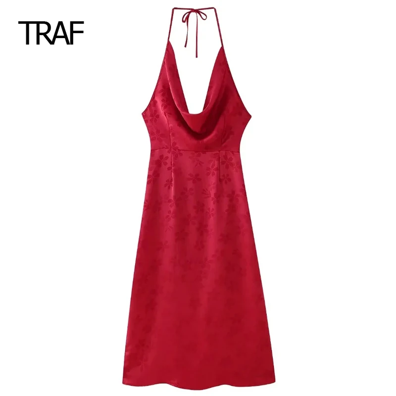 Traf Jacquard Neck holder Kleider Damen kleider Sommer ärmellose rücken freie Rücken Bandage Slip Kleider lange einteilige Kleid