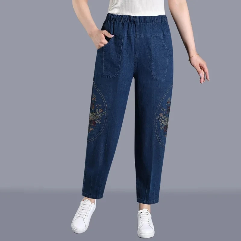 2025 Oversized Summer Casual loose Jean Vintage Embroidery Floral New in Jeans Woman High Waist Denim Trousers long Harem Pants