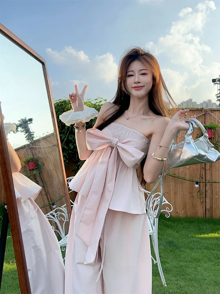 

Women Summer New Korean Style Elegant Two Piece Set French Bowknot Strapless Camisole Top Pink Loose Wide Leg Pants