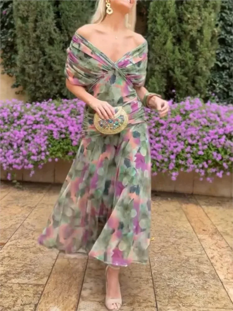 

Casual Women's Dresses Spring Summer New Fashion Loose Comfortable Printed Party Dress Short-sleeved V-neck Mid-waist Long Dress