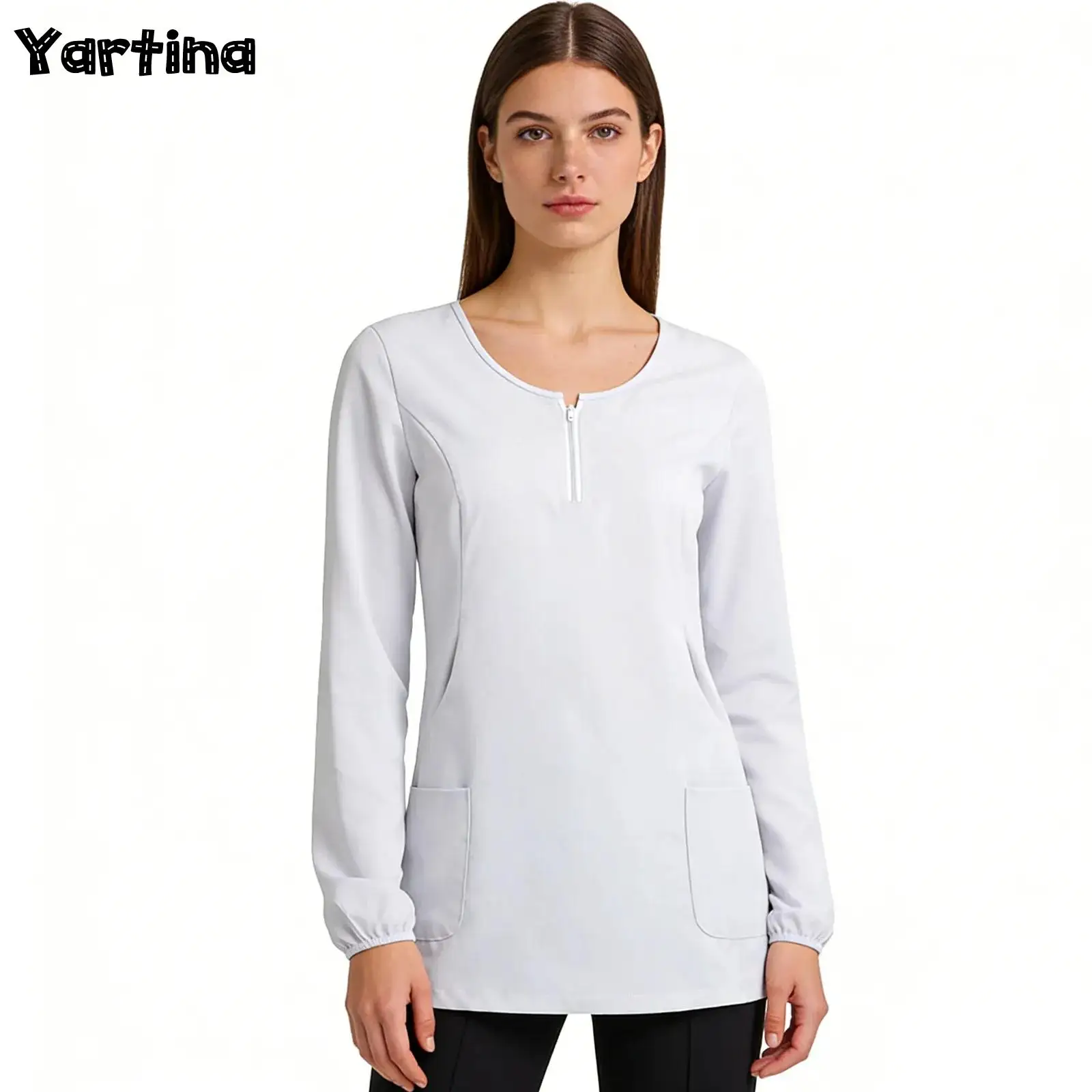 blusa-feminina-de-uniforme-medico-para-clinica-odontologica-camisa-pullover-com-multiplos-bolsos-roupa-de-trabalho-para-enfermeiras-gola-redonda-com-ziper