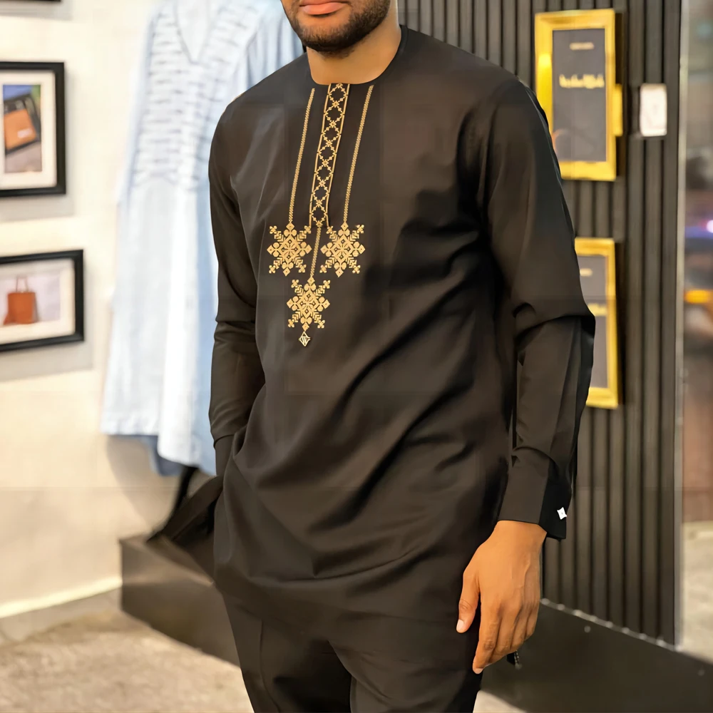 2Pcs Outfits African Mens Sets Outfit Long Sleeves Round Neck Embroidered Casual Shirts Sweatpants Wedding Party Festival Suits
