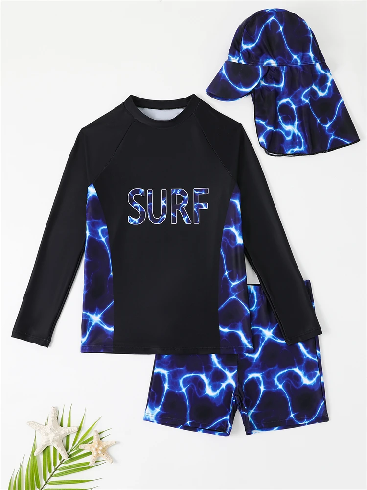 Boy Kids Swimsuit 2024 New Solid Print Long Sleeves Three Piece Children Swimwear Summer Shorts Beach Wear Bathing Suit Swimming