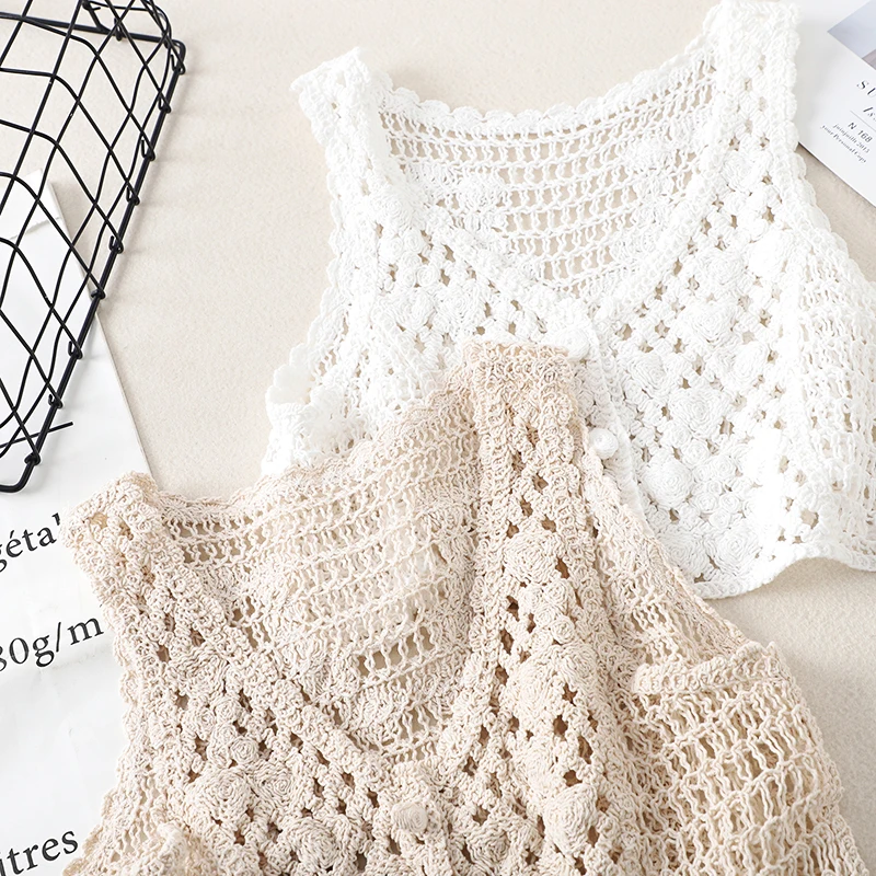 Spring Autumn Crochet Sweater Vest Women Korean Style Fashion V-neck Sleeveless Cropped Tank Top Beige White Shrug Cover-Up