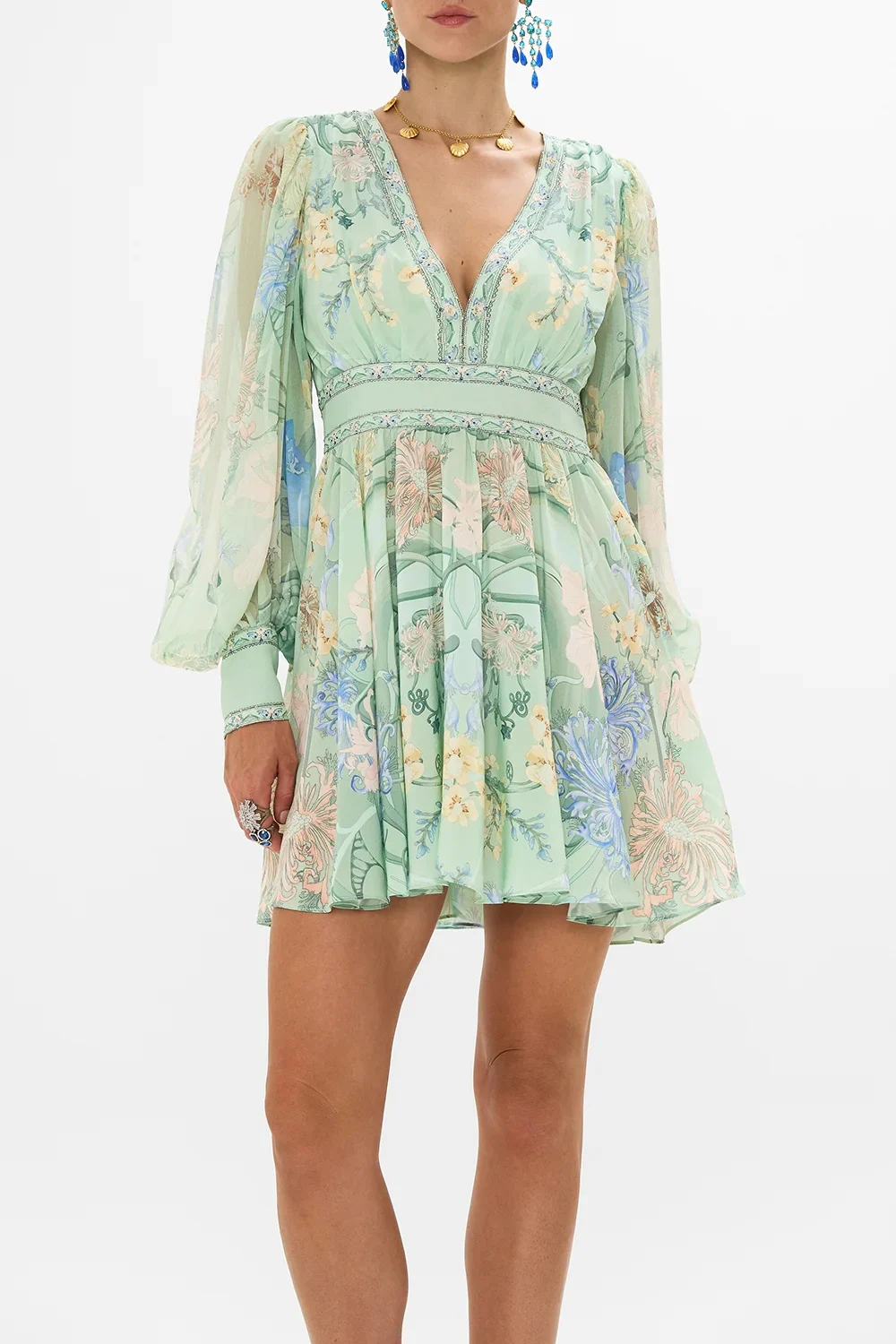 

Women V-Neck Flower Printed Long Sleeve 100% Silk Slim Waist Mini Dress