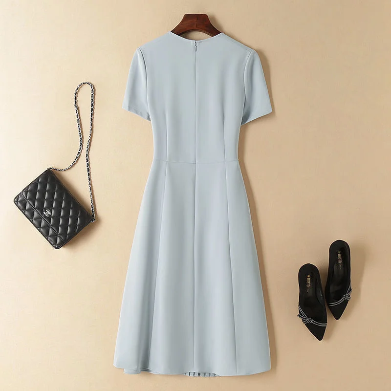 Round Neck Solid Midi Dress Elegant Women's Summer New Retro Short Sleeve Waist Closing Pleated Skirt Streetwear Vestido Casual