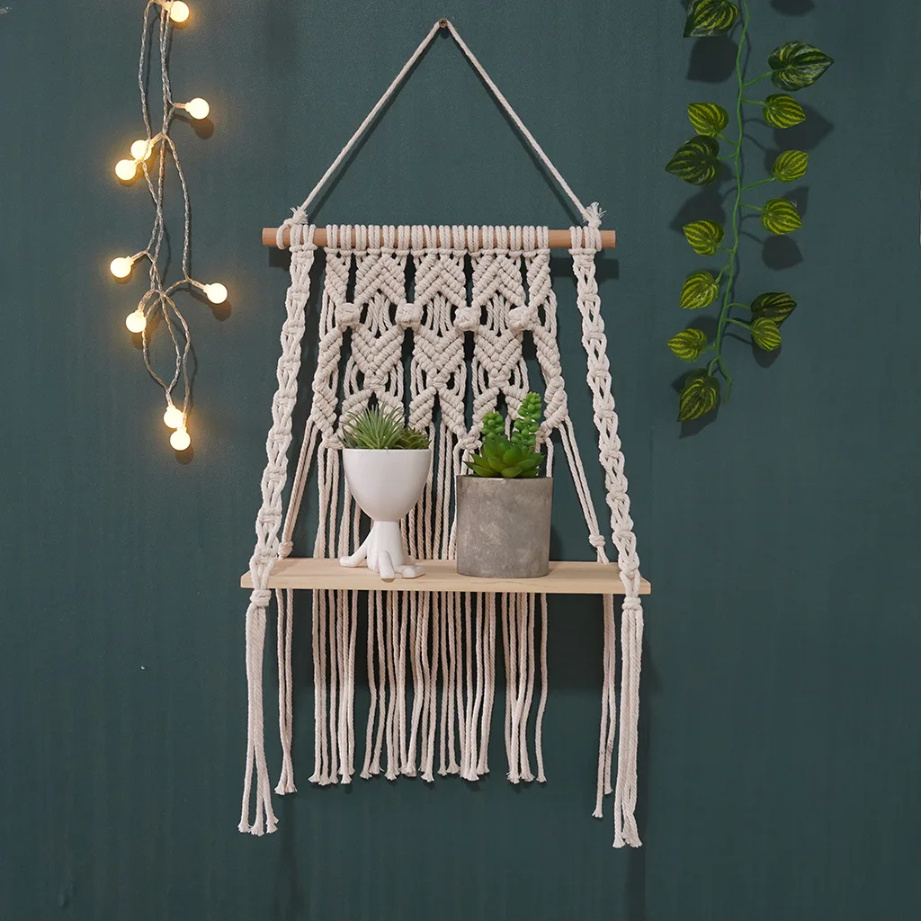 2026 New Bohemian Hand Woven Tapestry Wall Storage Shelf Hanging Bedside Rack Wall Decor for Homestay Hotel Living Room