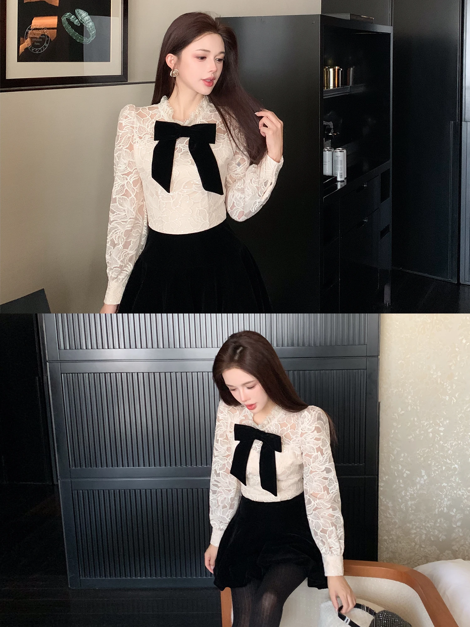 

LADIES FIRST Long Sve Lace Detachable Knot Dr Women's Autumn Winter Patchwork Skirt V-ne Ba Zipper A-line...