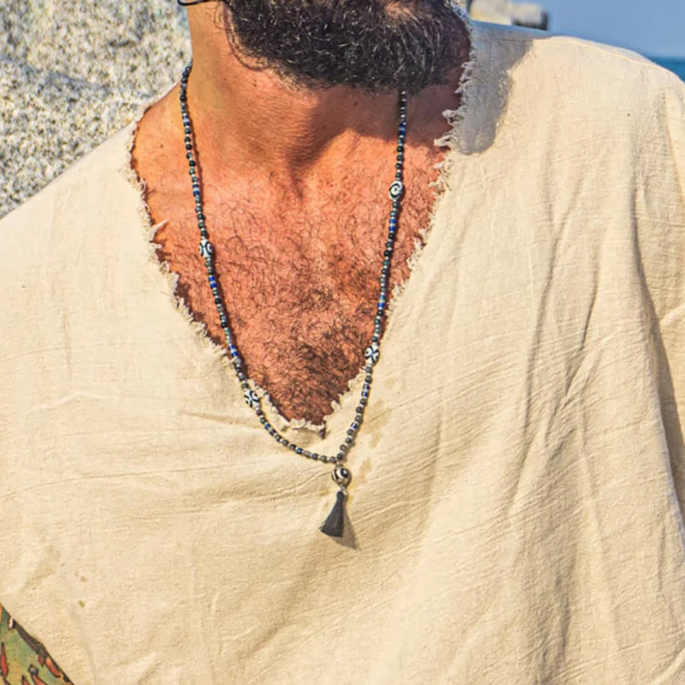 

New Vintage Black Evil Eyes Beaded Tassel Pendant Necklace For Men Long Natural Stone Chain Necklace Choker Jewelry