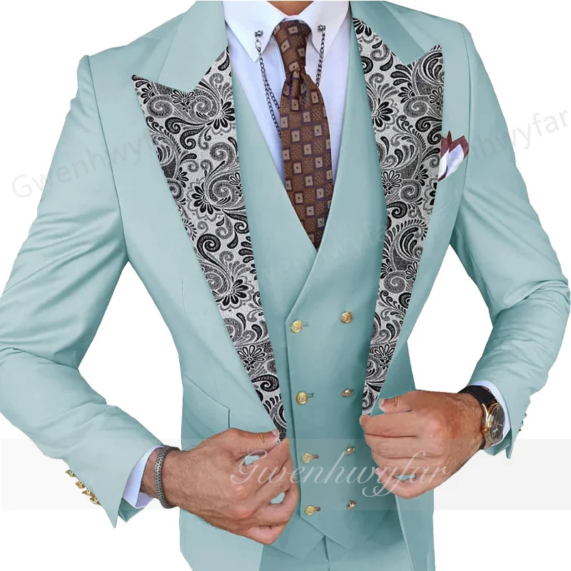 

Gwenhwyfar 2025 Hot Sale Custom Sky Blue Slim Black Printed Peak Neck Men's Tuxedo 3 Pieces Dinner Party Wedding Men's Blazer