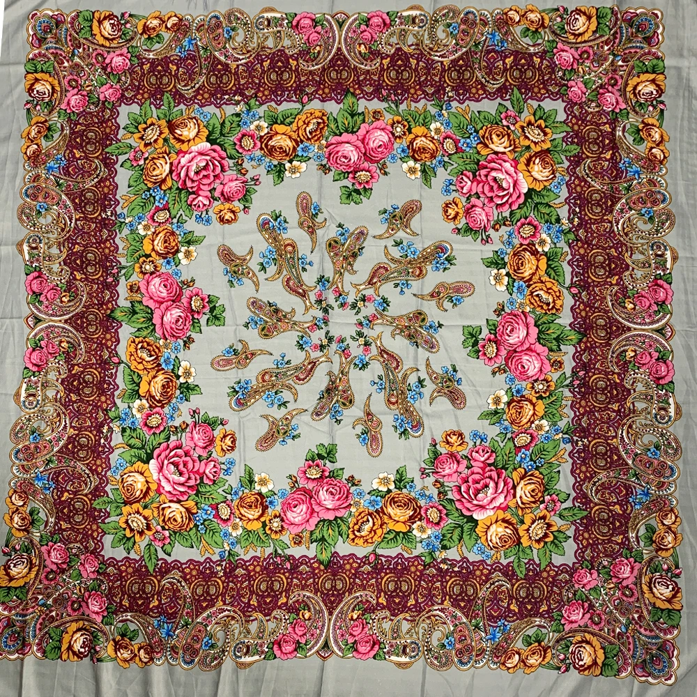 Lenço quadrado com estampa floral russa para mulheres, tamanho grande, xale com franja, russo tradicional, polonês, envoltórios de cabeça, polonês,
