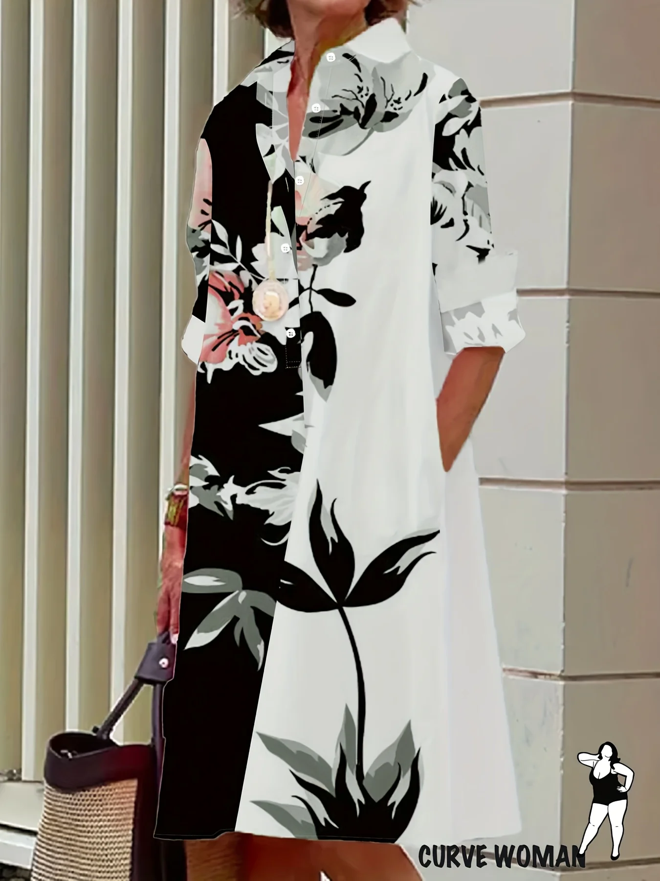 

Повседневное платье-рубашка больших размеров с цветочным принтом, черные, белые, розовые, неэластичные тканые платья для женщин, повседневная одежда, офисная прогулка