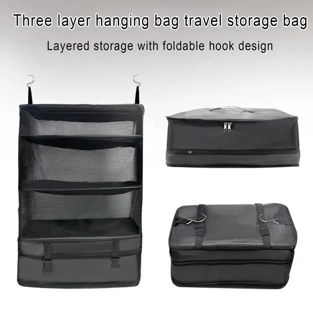 New Portable Hanging Storage Solution Multi-functional Travel Bag with 3-layer Mesh Pockets High-elastic Fixing for Clothes