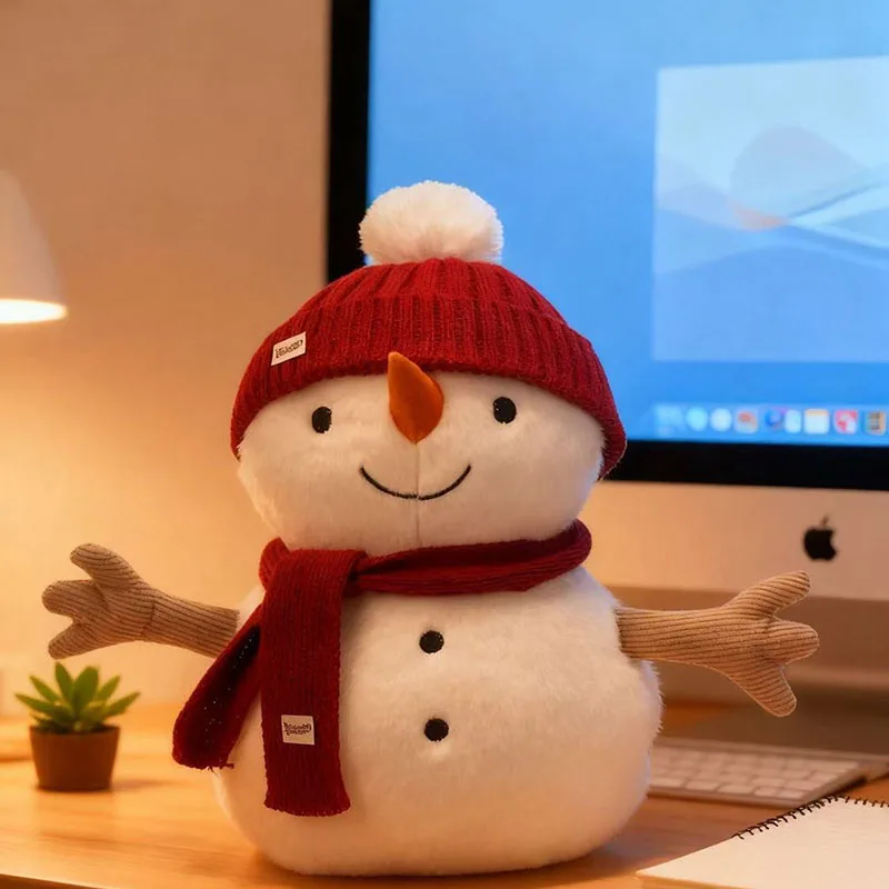 Cute Christmas Snowman Plush Toy Red Grey Hat Scarf Stuffed Animal Soft Fluffy Snowman Plushie Doll for Kid Christmas Gift Sweet