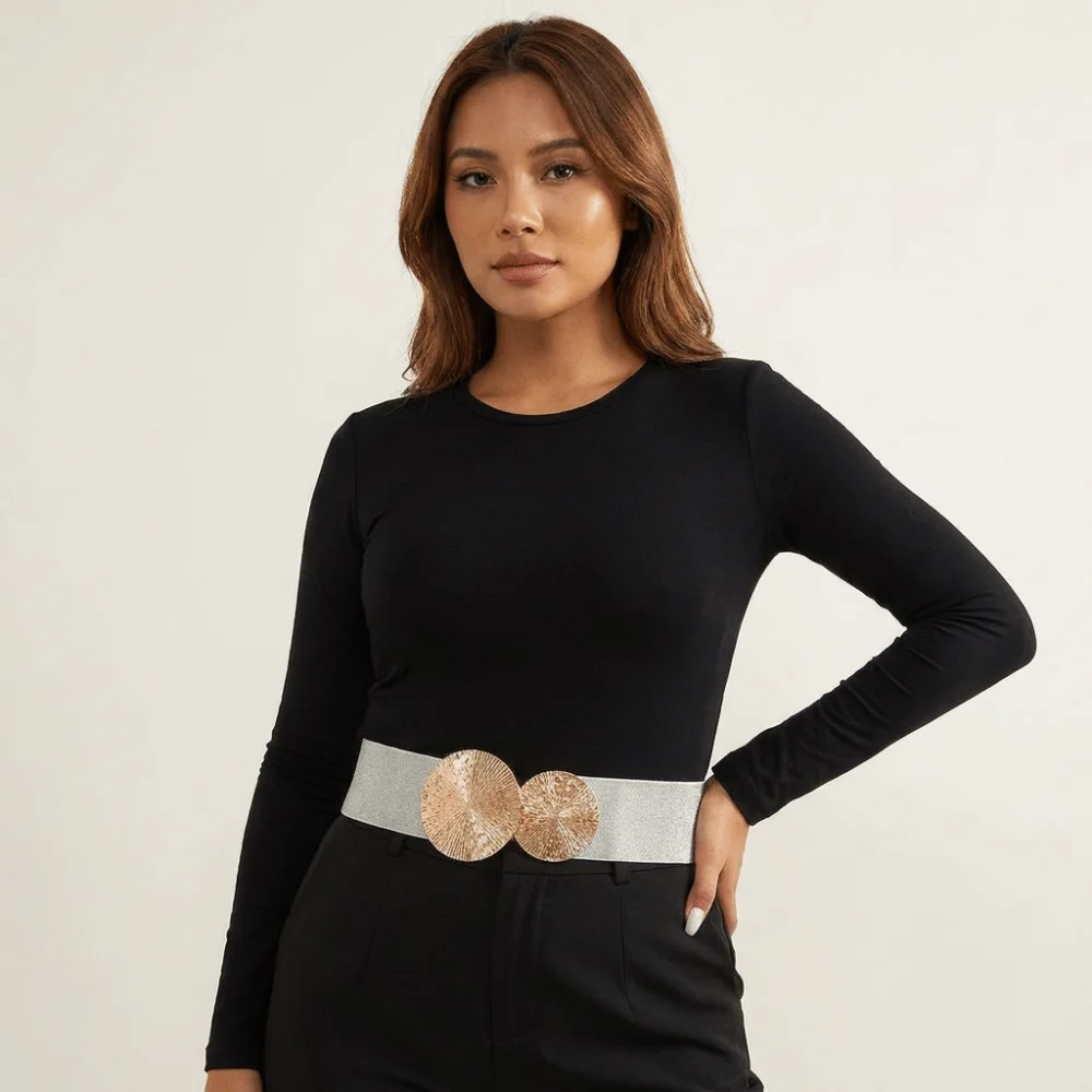 

Double Circle Elastic Cummerbunds Alloy Metal Round Buckle Waist Corset Belts Korean Style Stretch Waistband Wide Belt