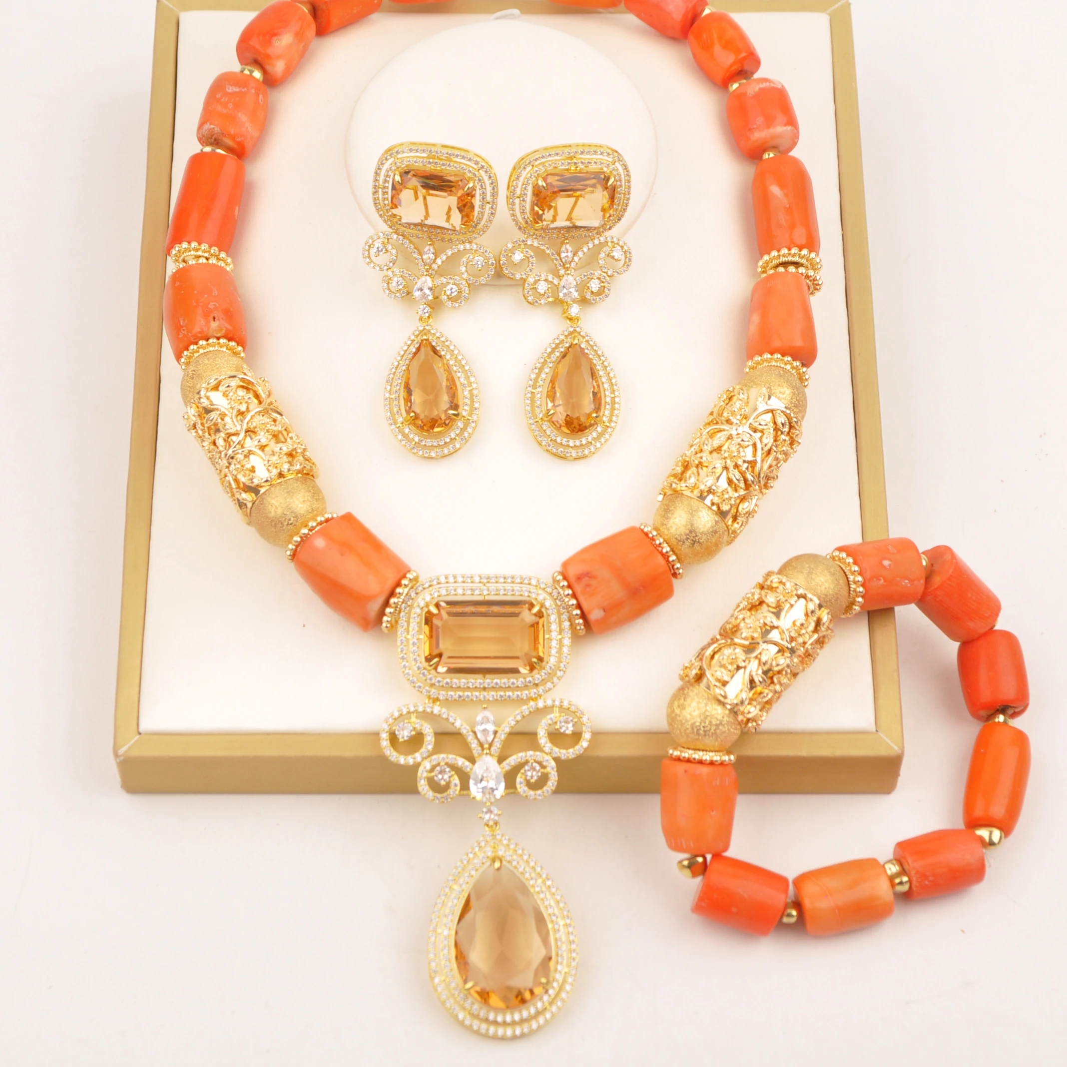 

Natural coral beads Orange jewel set African Gift bride Nigerian necklace
