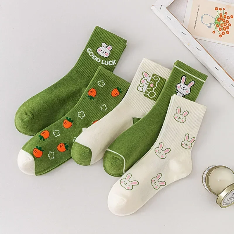 

Cartoon Rabbit Carrot Green Women Socks Cute Fashion Funny Cotton Socks for Girls College Style Harajuku Kawaii Calcetines Mujer