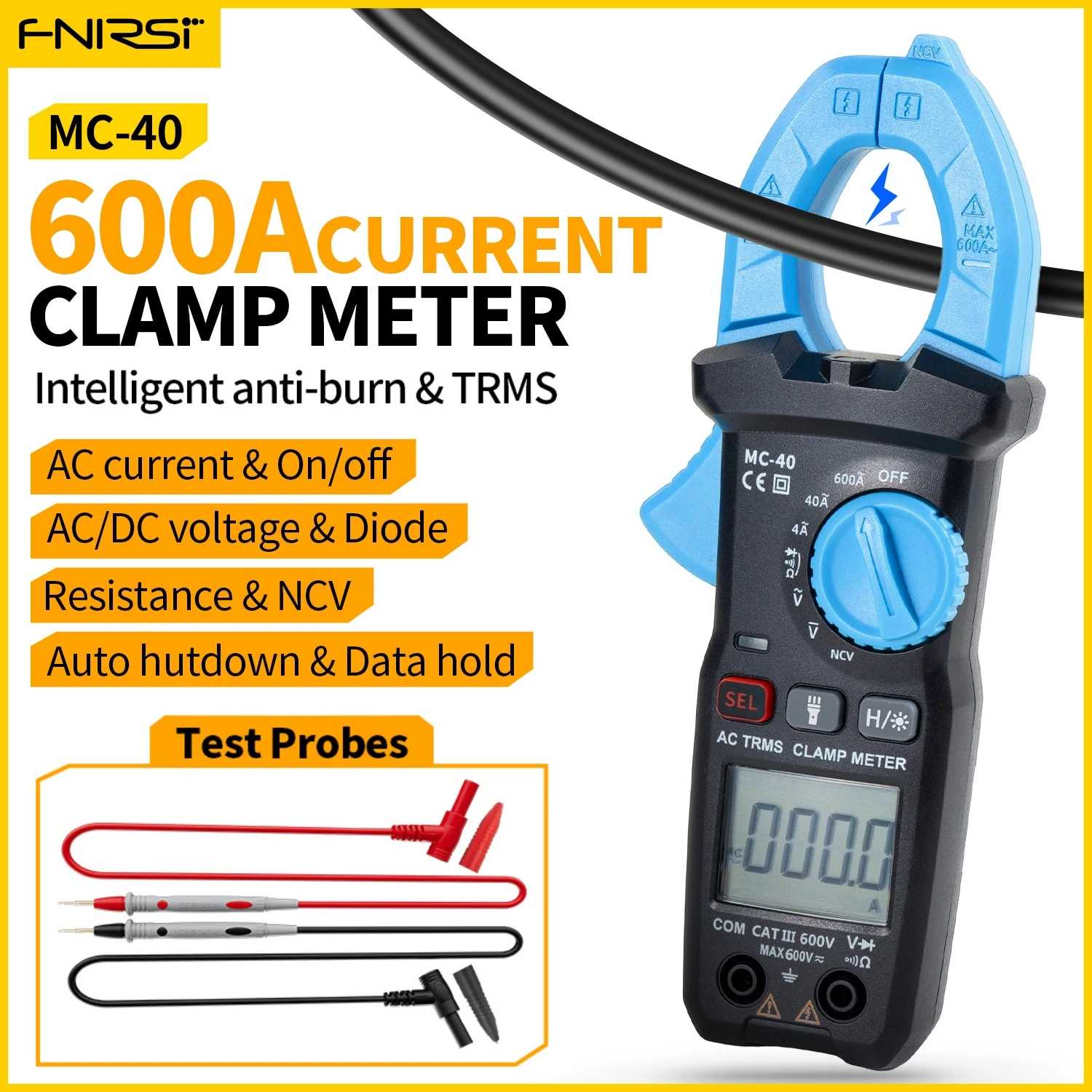 

FNIRSI MC-40 Clamp Meter Digital Multimeter AC DC Voltage 600V AC 600A Diode NCV Ohm Test 6000 Counts True RMS Auto Range