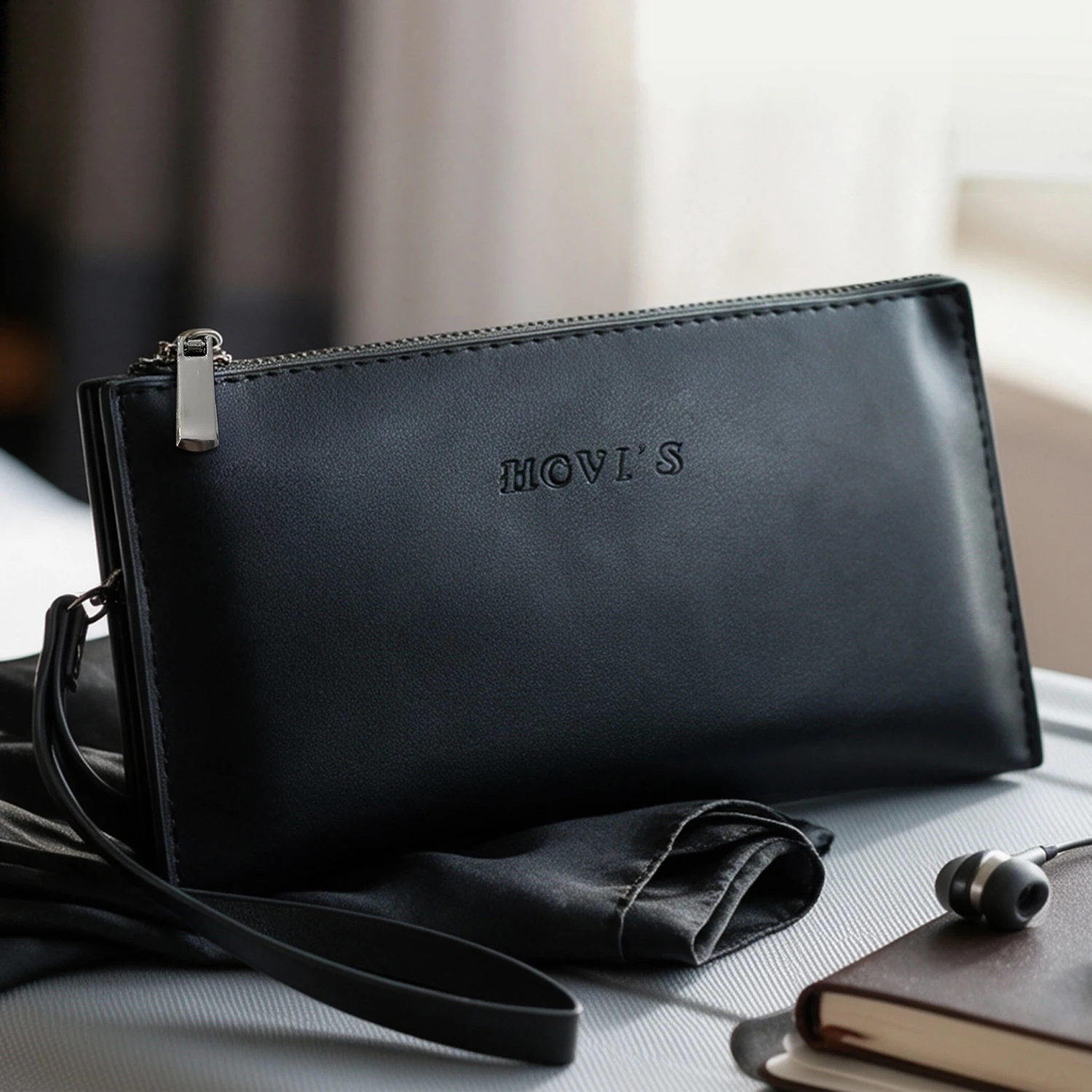 Men's Black PU Leather Zipper Clutch Bag with Detachable Wrist Strap, Multi-Compartment Phone Pouch, 2 Card Slots