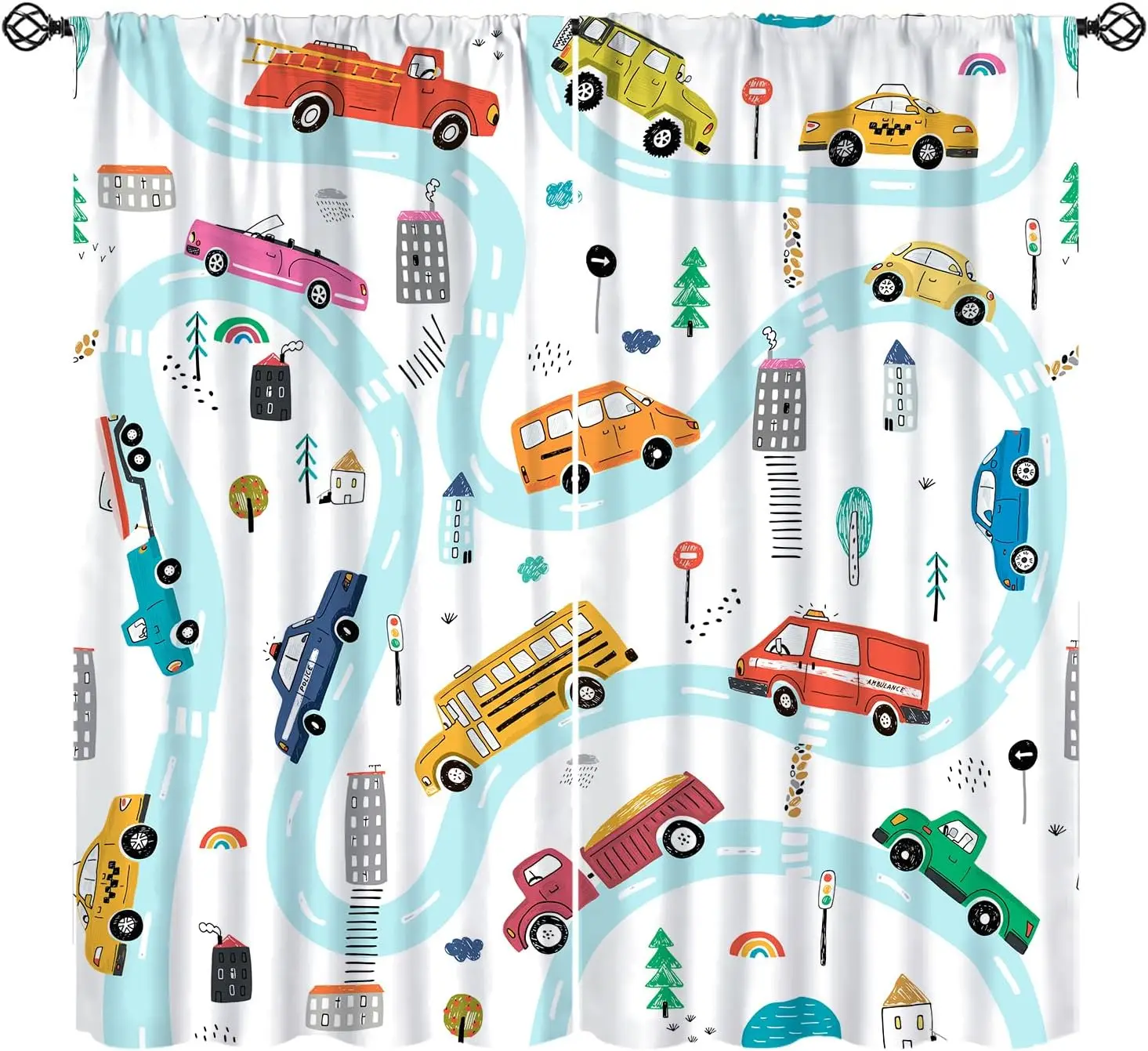 Truck Blackout Curtains for Kids Bedroom, Construction Car Tractor Toddler Cartoon Cute City Street Map Pattern Window Treatment