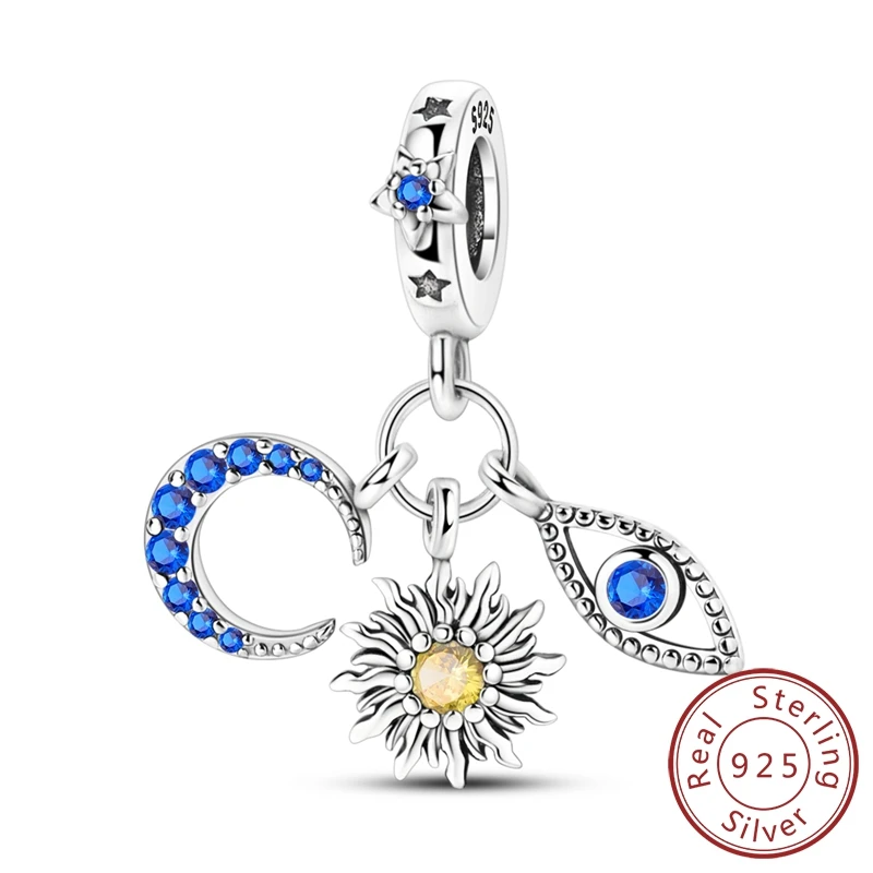 

Hot Sale 100% 925 Sterling Silver Sun Moon Eye Guardian Dangle Charm Fits Bracelet & Necklace For Women Luxury Jewelry Gifts