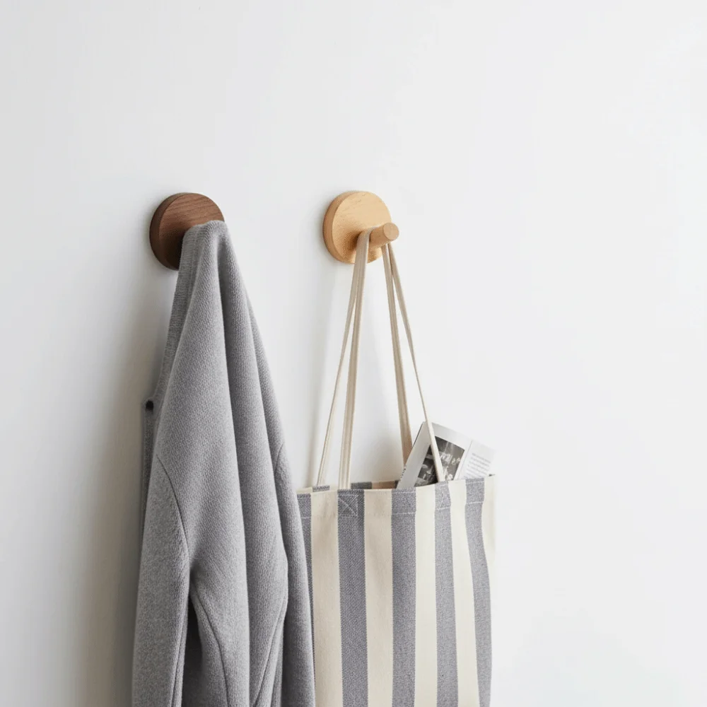 

4pcs Beech Walnut Wood Wood Hook Solid Wood Punch Free Hanging Hanger Simple Design Wood Handle Coat Storage Rack