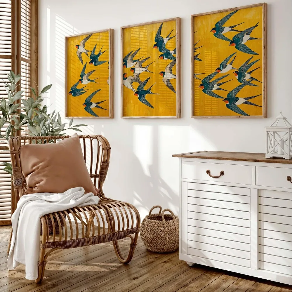 3pcs Frameless,Swallow Bird Poster,Japanese Art Prints,Yellow and Blue Wall Art,Bohemian Style,Living Room  Bedroom Decoration