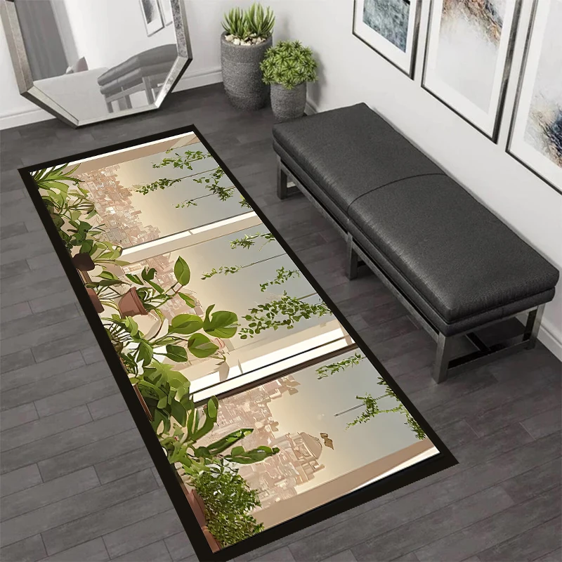 3D Window Optical Illusion Runner Rug Soft Non Slip Hallway Carpet Plants Print Home Decor Floor Protection Mat for Living Room