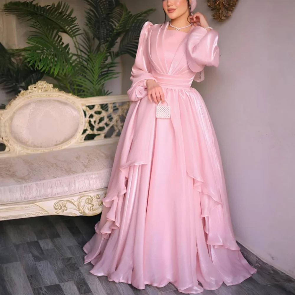 

Customized Pink Evening Dresses square collar Full Sleeve Tiered Ruffles organza A-Line Prom Gown Simple Long Dubai Dress