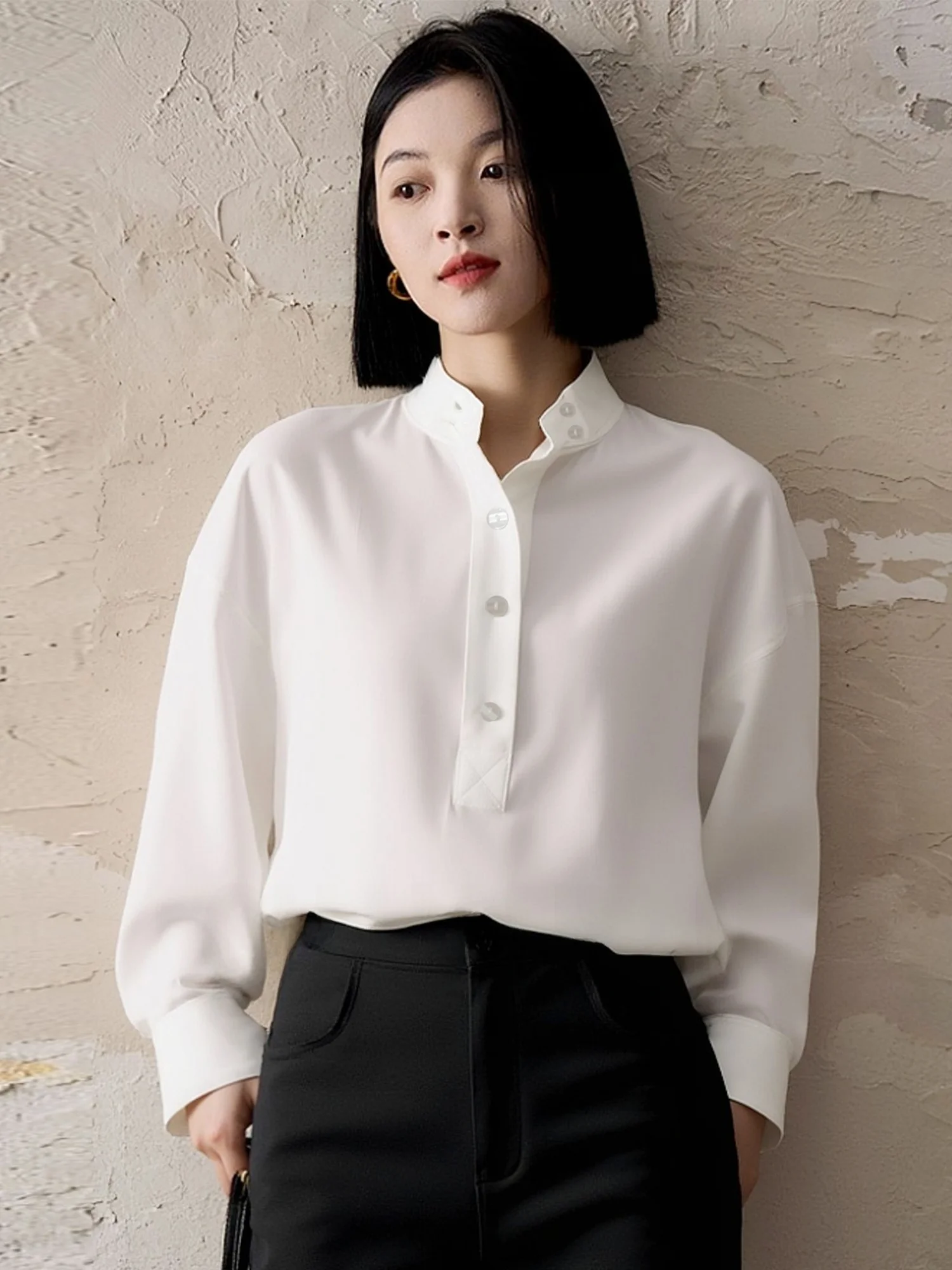 

Iron-Free Chinese Sle irt Collar Long Sve Women's Top Premium Feel White Commute Sle Loose Fit Polyester Fiber