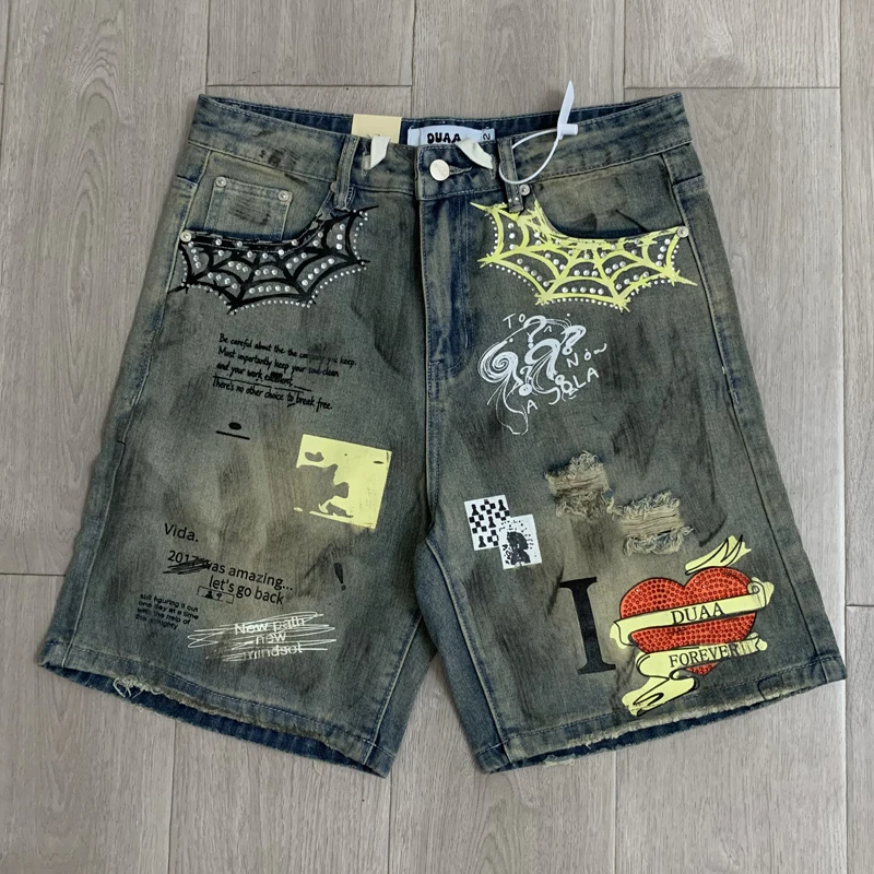 New Arrival Duaa Ripped Jeans High Street Men's Women's Casual Fashionable Fully Printed DUAA Denim Shorts